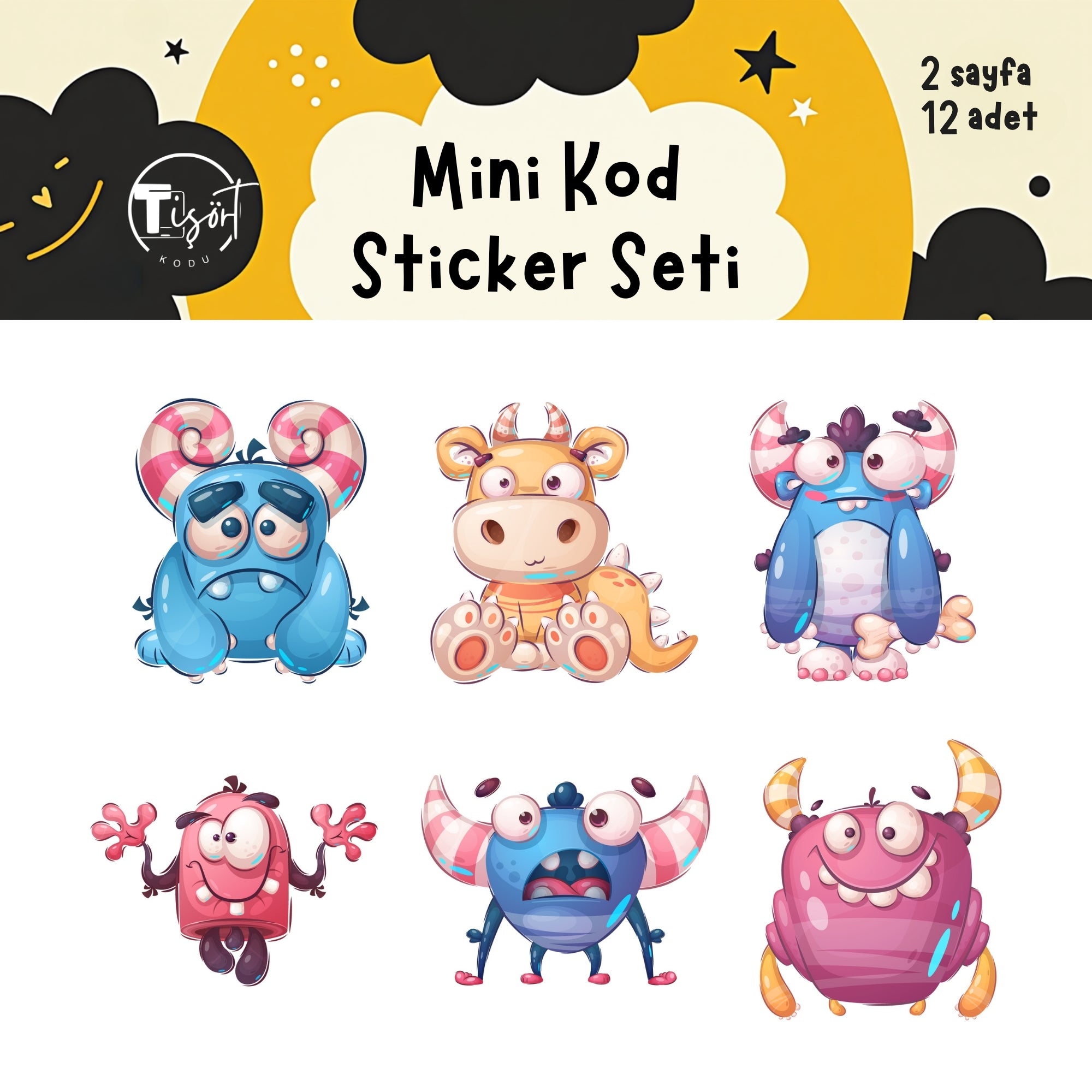 Mini Kod Sevimli Canavarlar & Hayvanlar Sticker Seti – A5 | 2 Sayfa 12 Adet