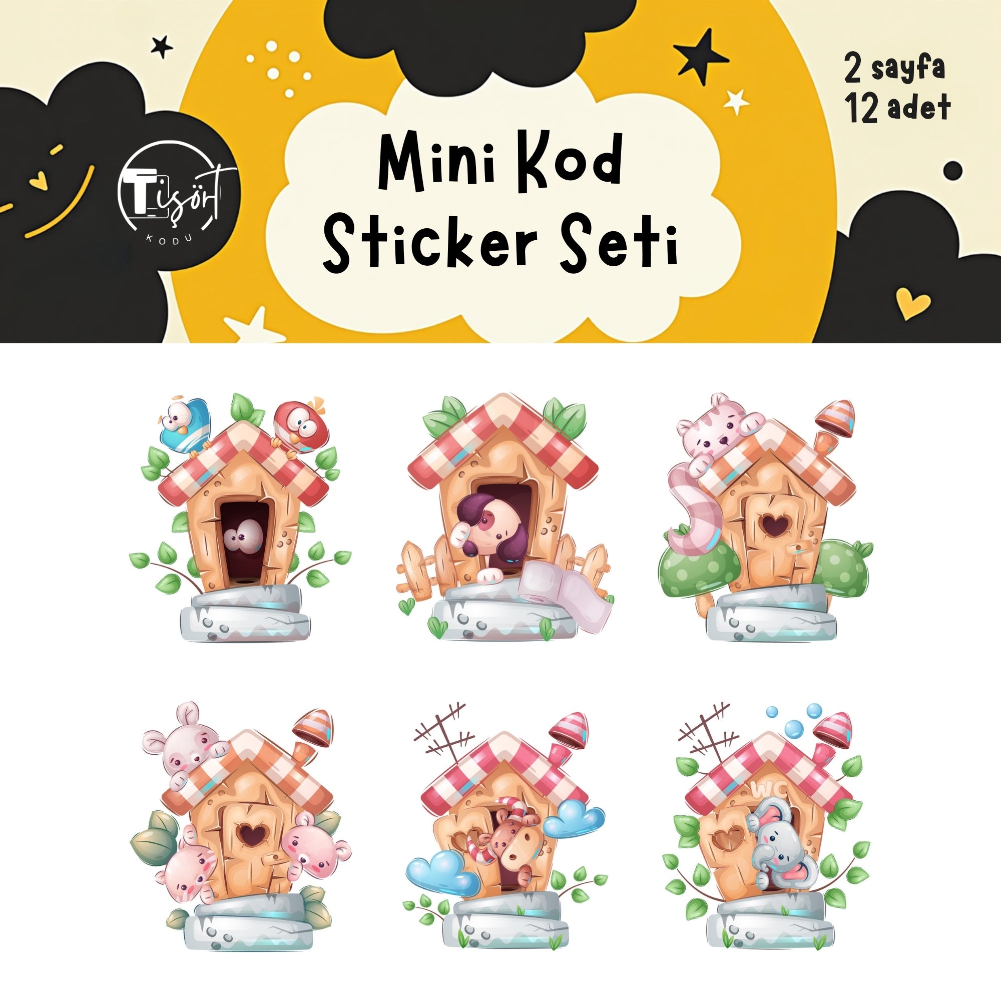 Sevimli Kulübeler & Tatlı Köpekler Kiss Cut Sticker Seti (12 Adet)