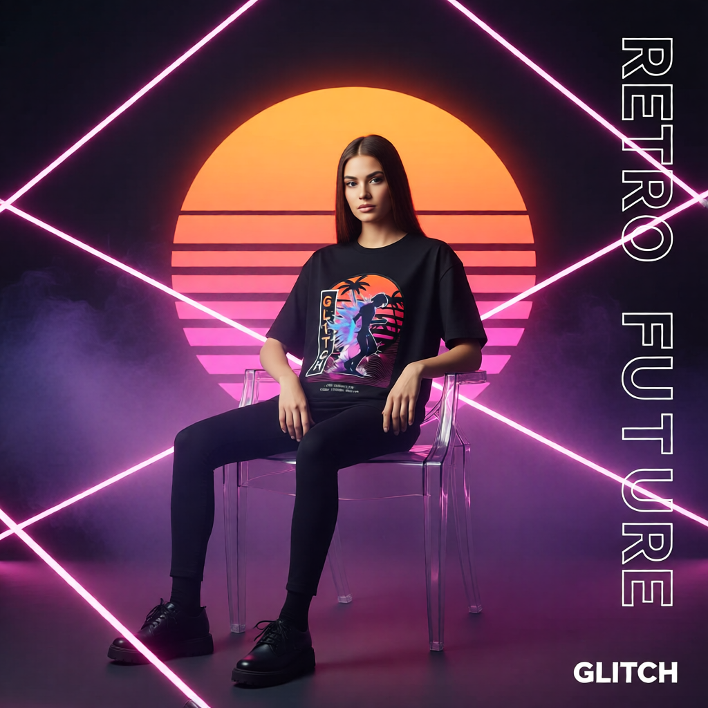Glitch “Neon Nostalgia” Oversize Unisex Tişört – Retro Future Series Sokak Stili Grafik T-Shirt