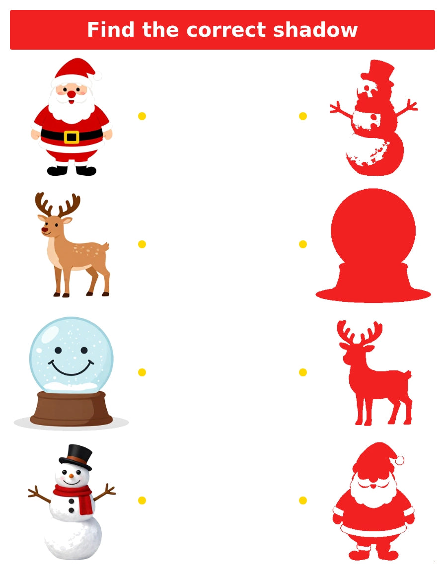 Noel Temalı Farkı Bul, Gölge Eşleştirme, Labirent & Boyama Kitabı – 35 Sayfa Dijital PDF (Anında İndir)