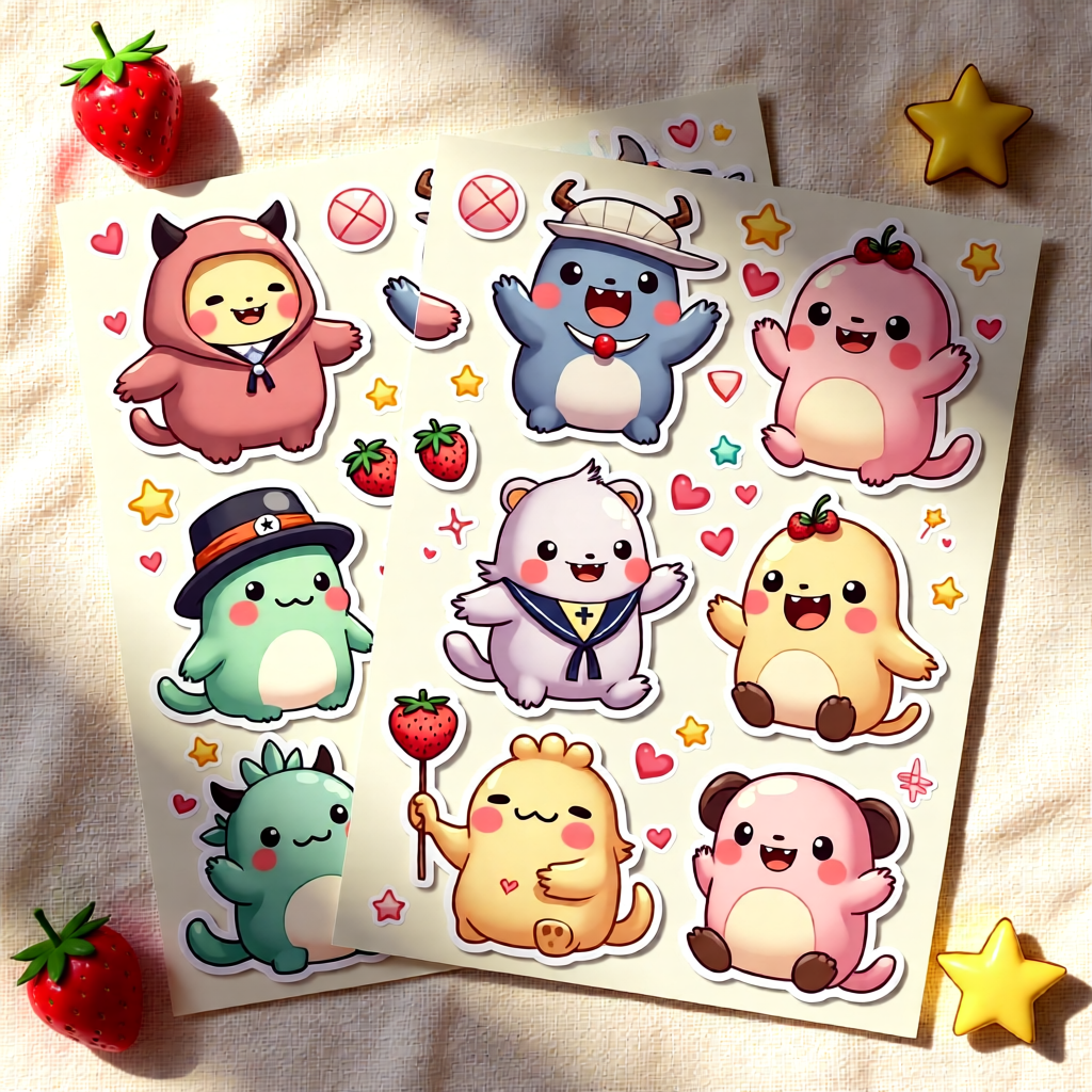 Kawaii Karakter Stiker Seti – 3 Sayfa (15x15 cm) Sevimlilik Patlaması!