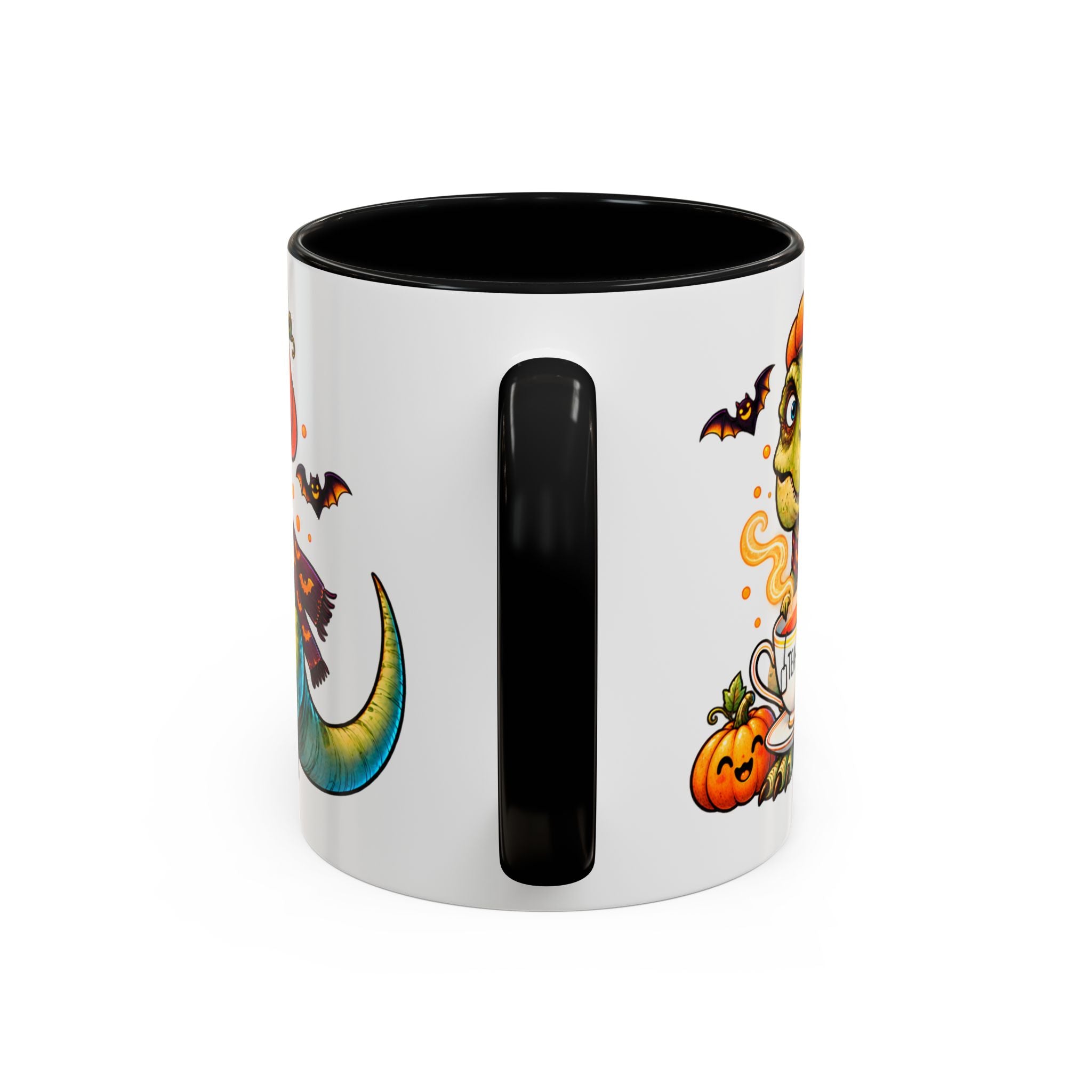 Tea-Rex Halloween Tasarımlı Porselen Kupa – Siyah İç & Kulplu 11 oz
