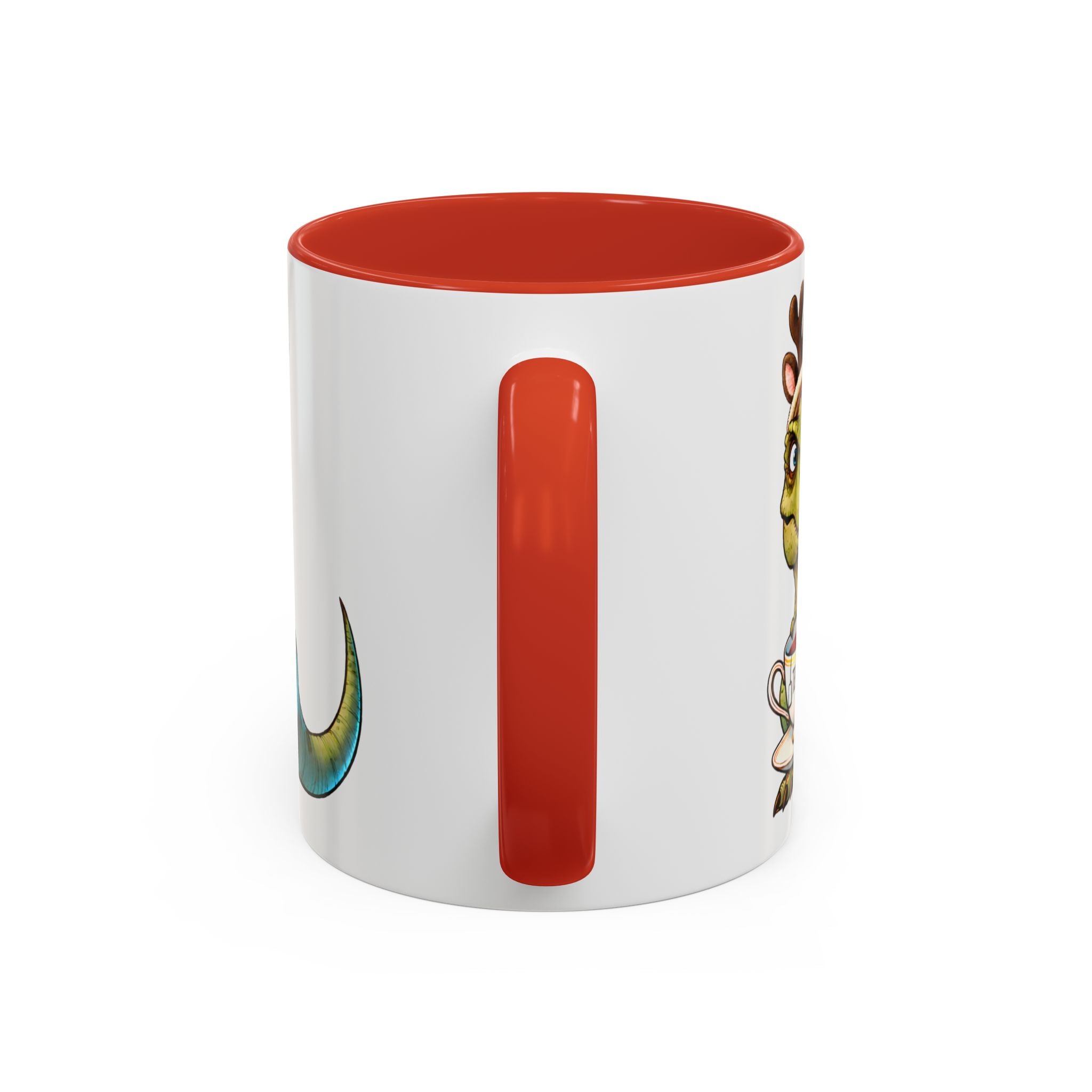 Tea-Rex Yılbaşı Tasarımlı Porselen Kupa – Kırmızı Kulplu, 11 oz