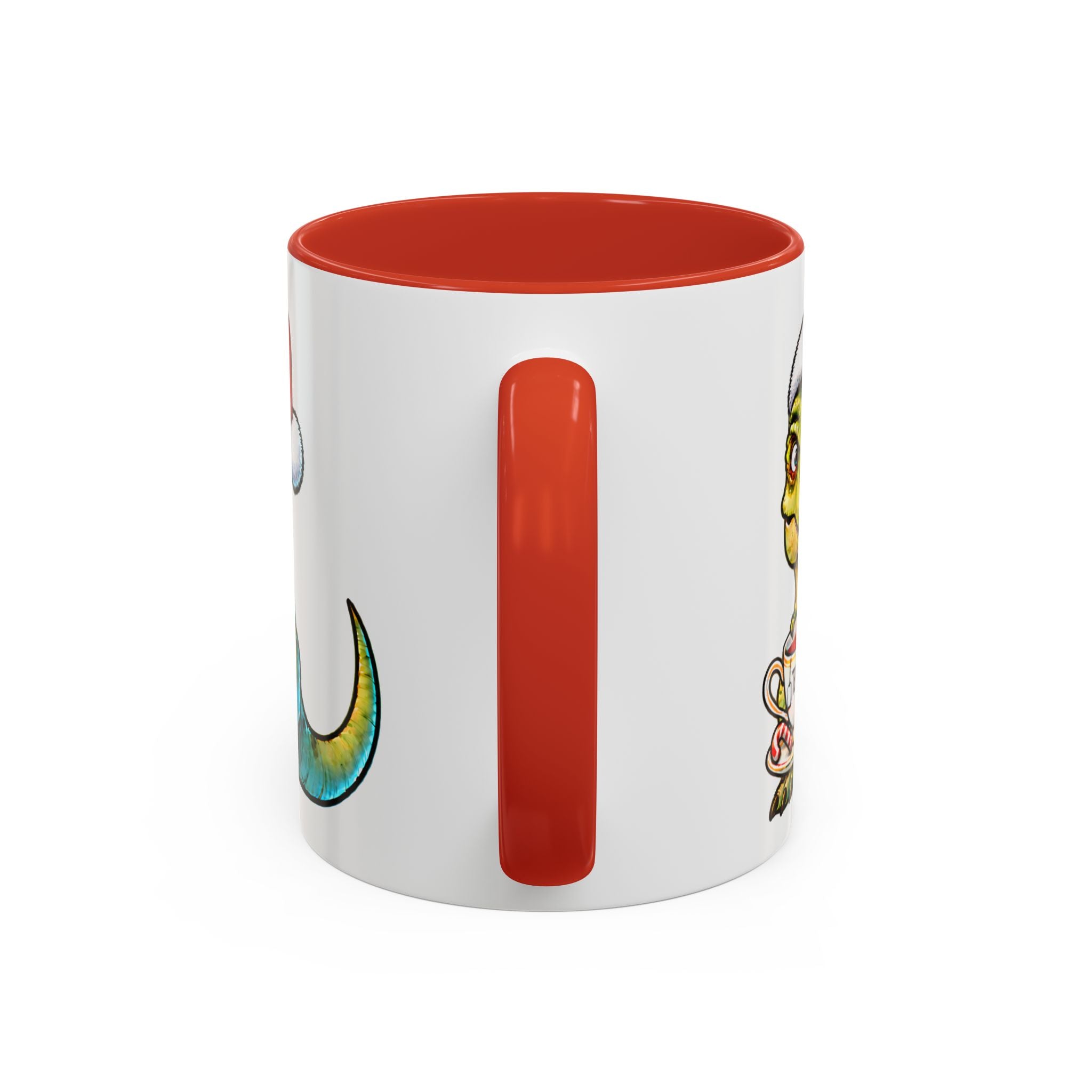Noel Şapkalı Tea-Rex Porselen Kupa – Kırmızı Kulplu, 11 oz
