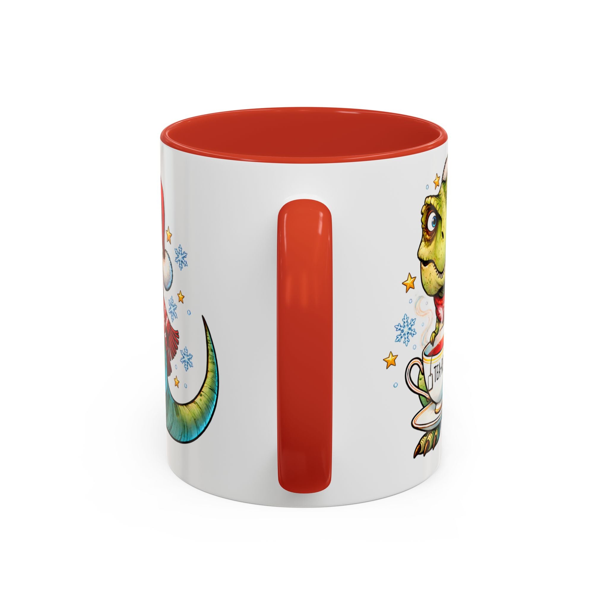 Tea-Rex Christmas Dinozor Tasarımlı Porselen Kupa – Kırmızı İç & Kulplu 11 oz