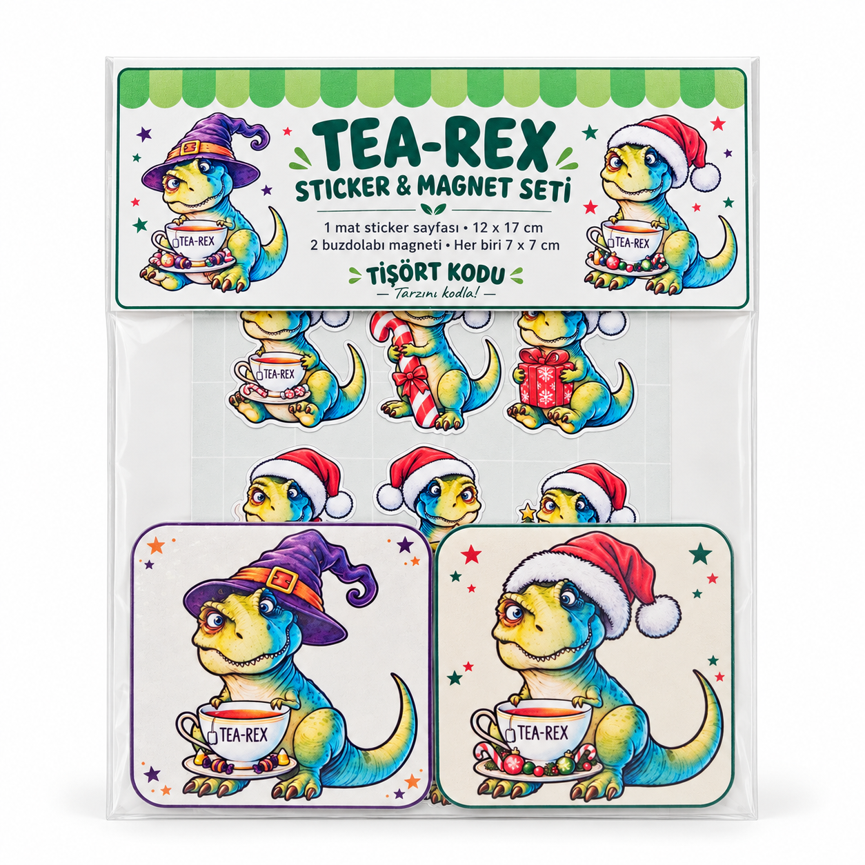 Tea Rex setinde 9 yılbaşı temalı sticker içeren mat sticker sayfası ve çay fincanı tutan dinozor desenli Halloween ile yılbaşı buzdolabı magnetleri.