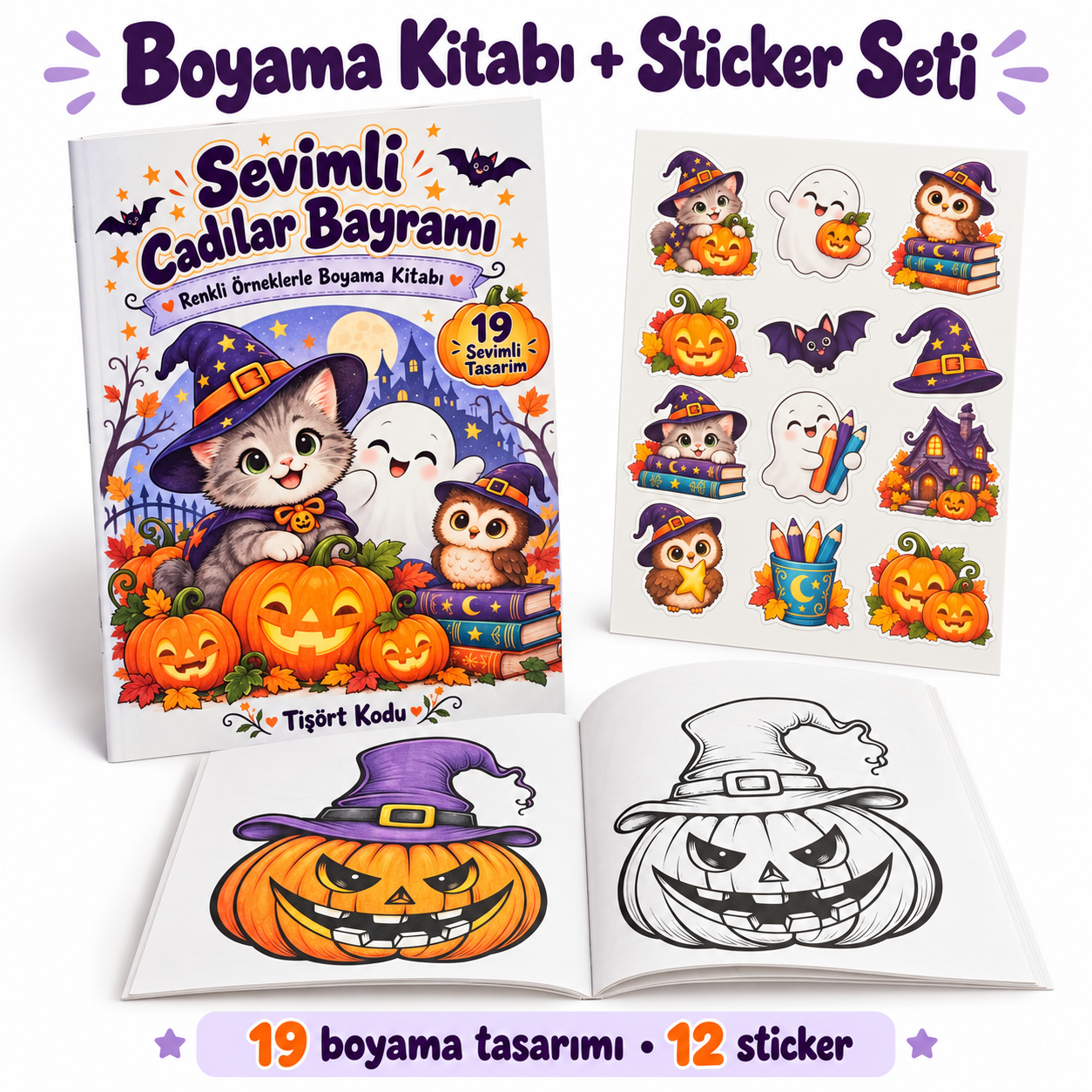 Sevimli Cadılar Bayramı Renkli Örnekli Boyama Kitabı 15 x 21 cm ve 12’li Sticker Seti