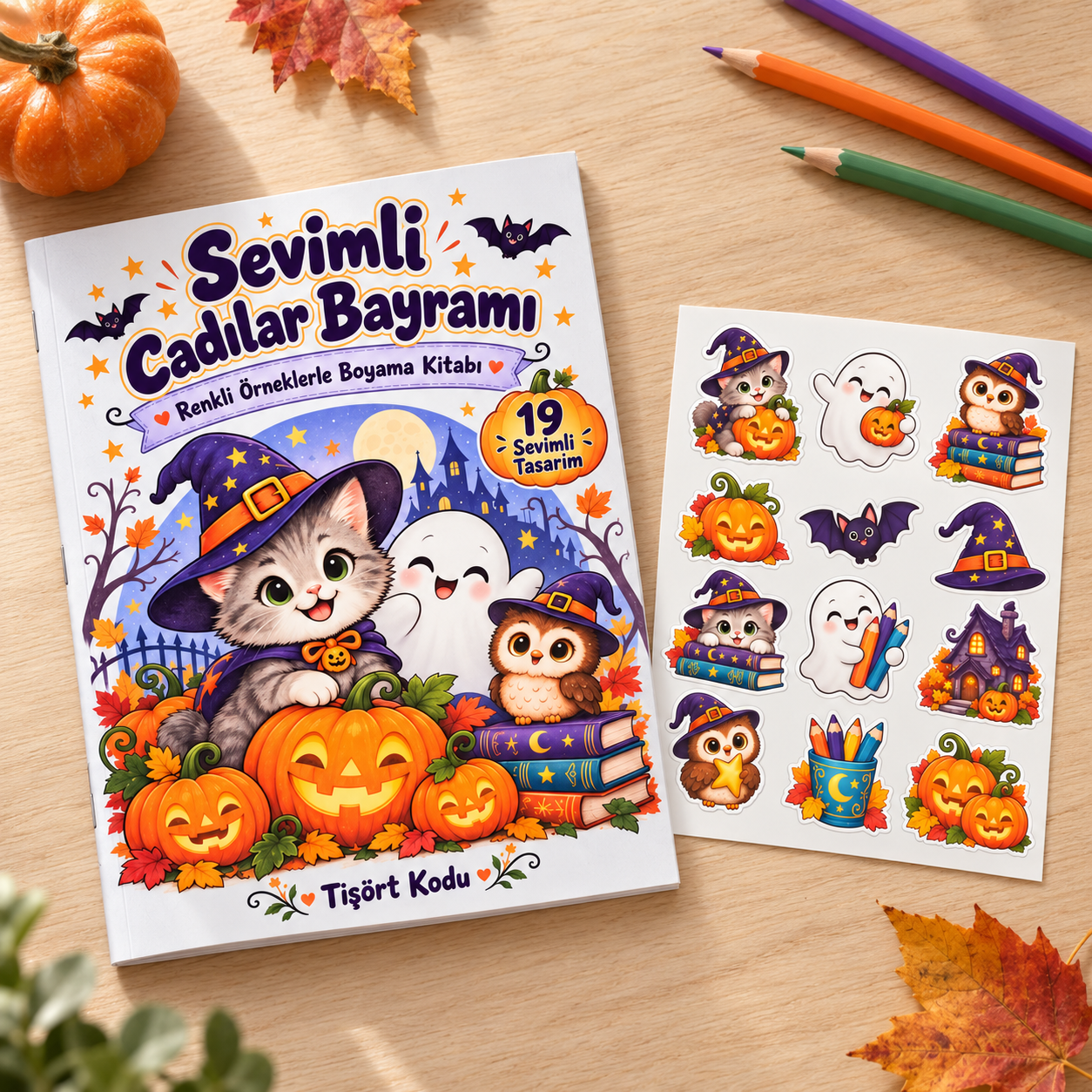 Sevimli Cadılar Bayramı boyama kitabı ve 12’li mat kâğıt sticker seti; kitap kapağı, sticker sayfası ve solda renkli, sağda boyanabilir bal kabağı çizimi bulunan açık kitap görünümü.