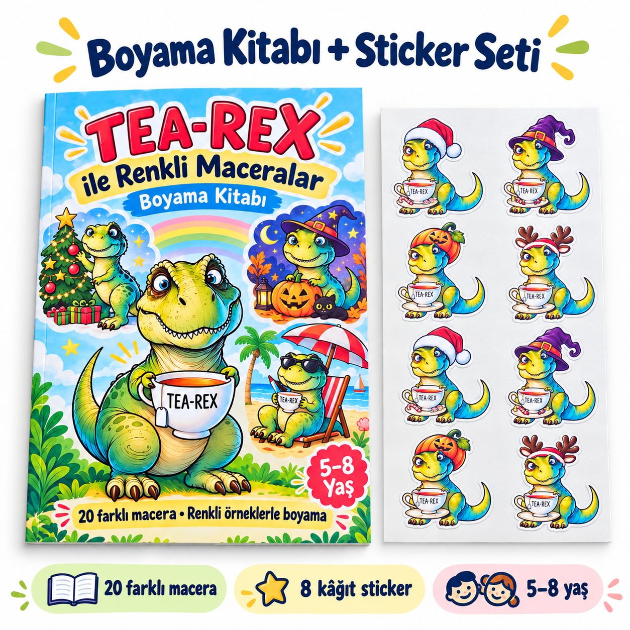 TEA-REX Boyama Kitabı ve 8’li Kâğıt Sticker Seti 15 x 21 cm. | 5–8 Yaş