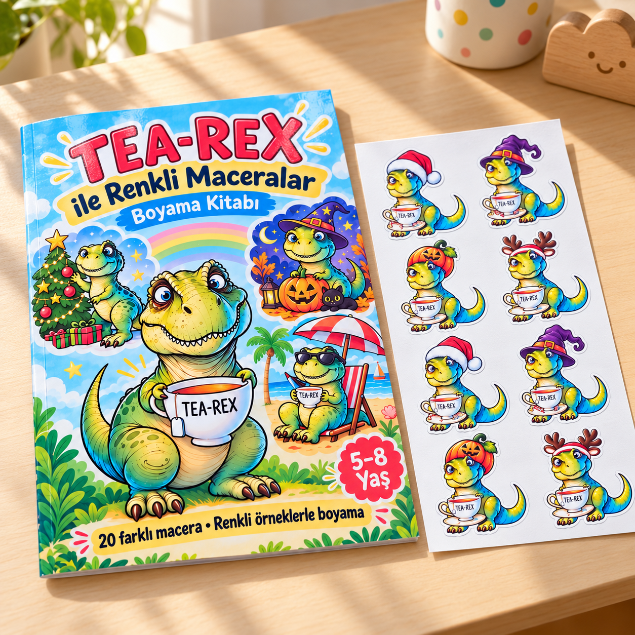 Ahşap masa üzerinde TEA-REX ile Renkli Maceralar boyama kitabı ve Noel ile Cadılar Bayramı temalı 8 dinozor çıkartmasından oluşan kâğıt sticker sayfası.