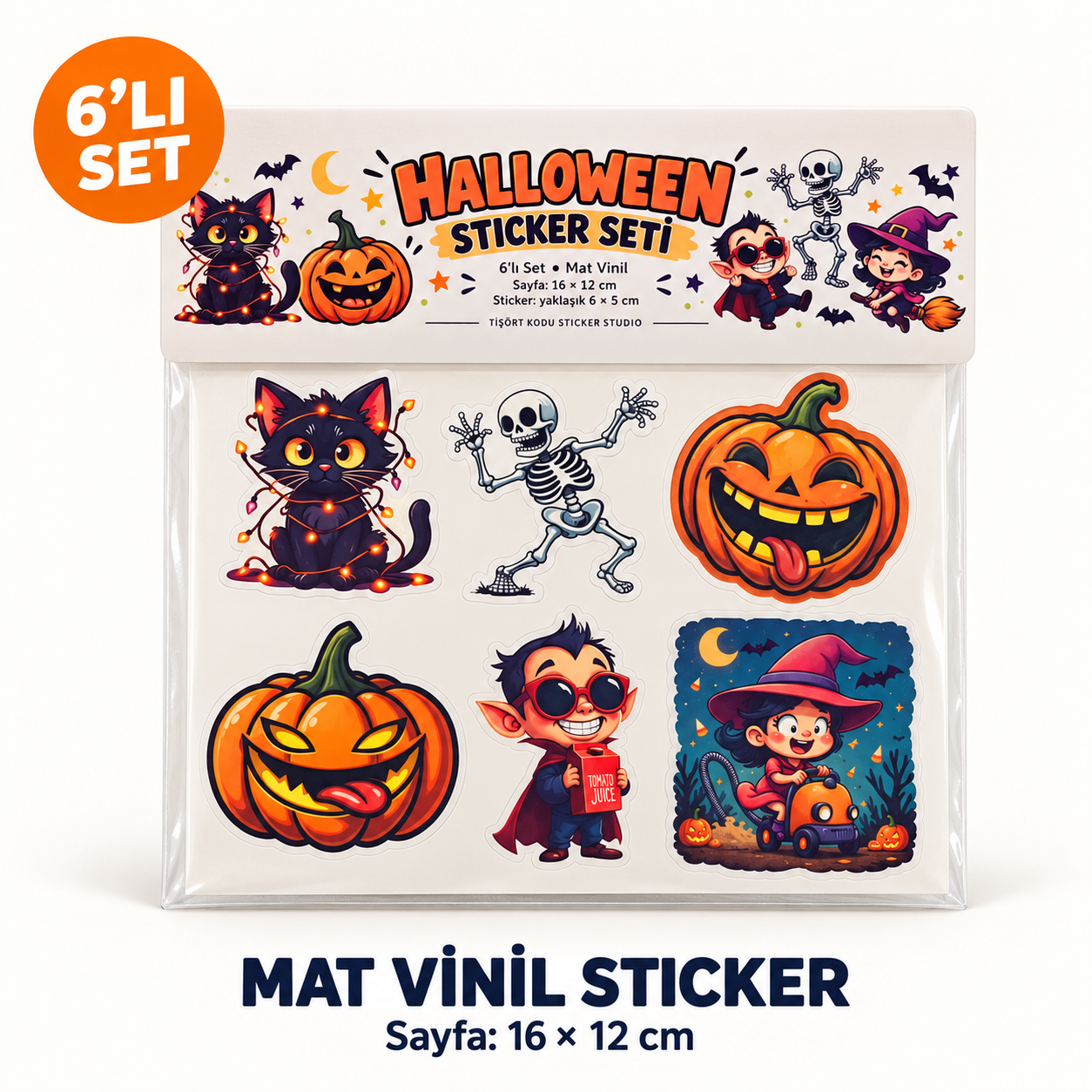 Paketli 6’lı Halloween mat vinil sticker seti; siyah kedi, dans eden iskelet, iki balkabağı, küçük vampir ve cadı tasarımları, 16 × 12 cm sayfa üzerinde.