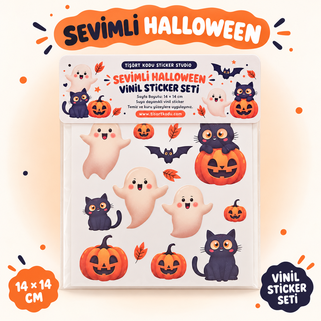 Hayalet, kara kedi, balkabağı, yarasa ve sonbahar yaprağı tasarımlarından oluşan 14 × 14 cm Sevimli Halloween vinil sticker seti.