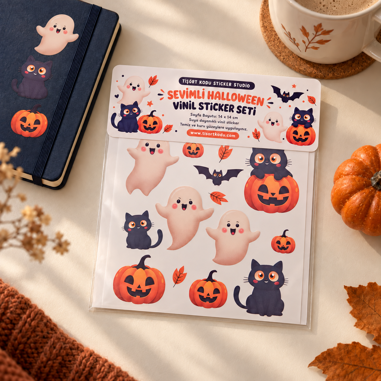 Sevimli Halloween Vinil Sticker Seti – Hayalet, Kara Kedi ve Balkabağı
