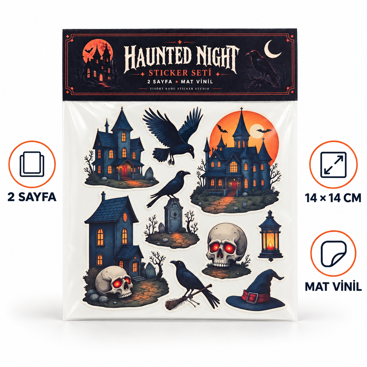 Perili ev, kuzgun, kafatası ve cadı şapkası tasarımlarından oluşan iki sayfalık Haunted Night mat vinil sticker seti