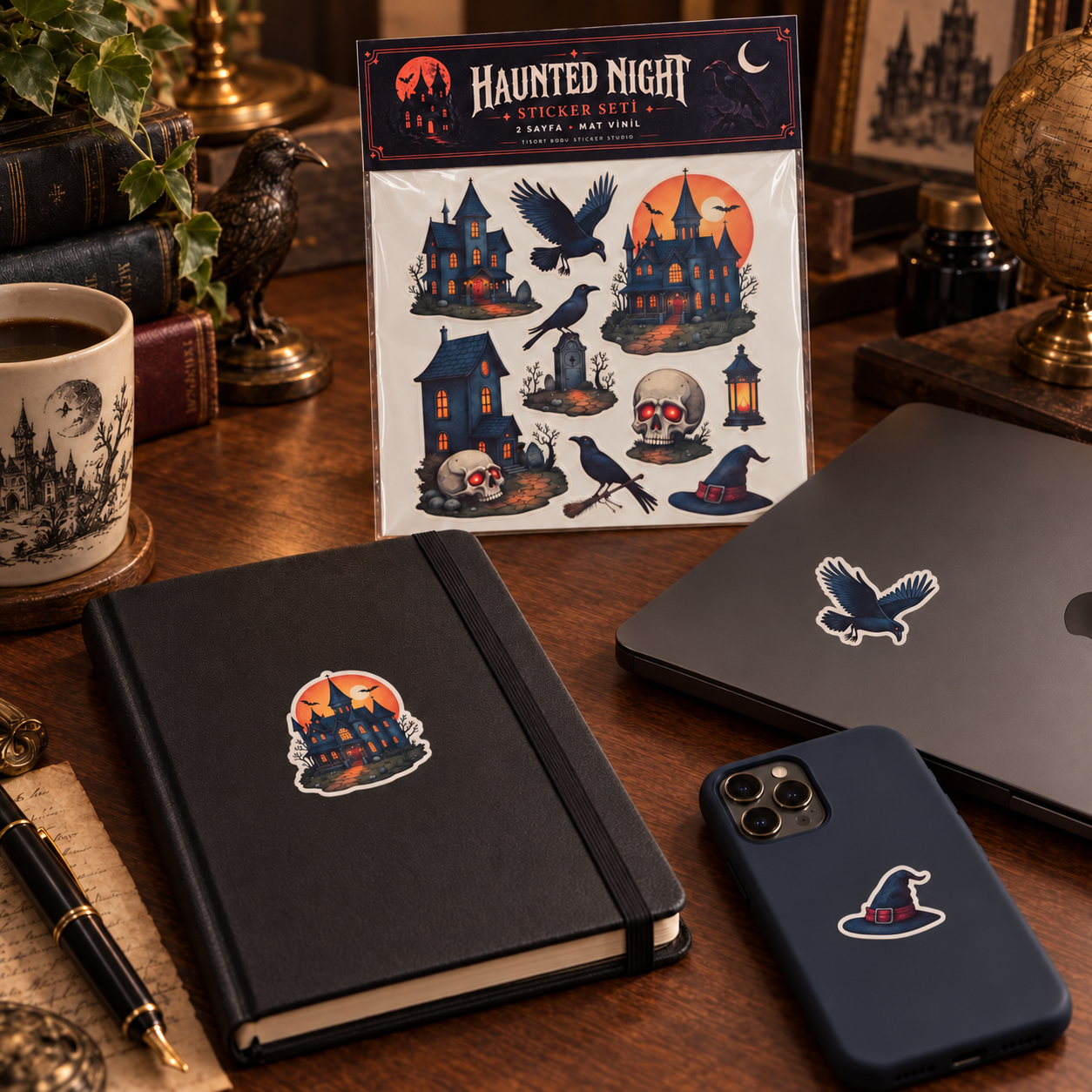 Haunted Night 2 Sayfa Mat Vinil Sticker Seti – Gotik Halloween Çıkartmaları
