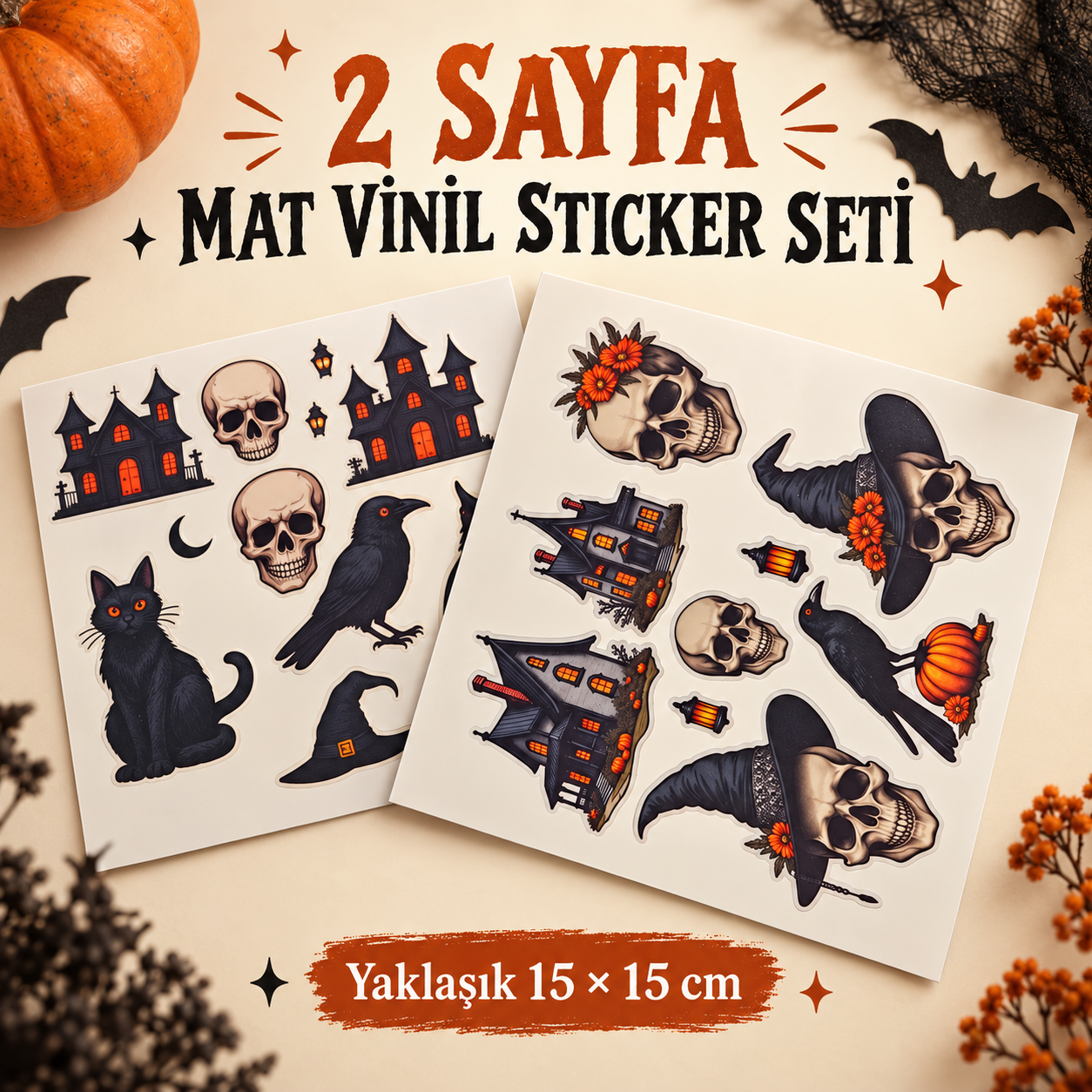 İki sayfadan oluşan kurukafa, kuzgun, siyah kedi, cadı ve perili ev temalı Gotik Halloween mat vinil sticker seti.