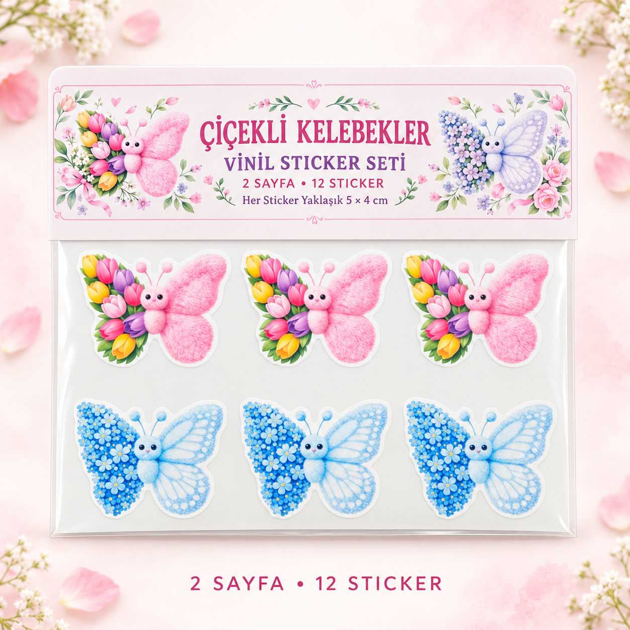 Pembe, mavi ve lila çiçekli kelebeklerden oluşan iki sayfalık 12’li vinil sticker seti.