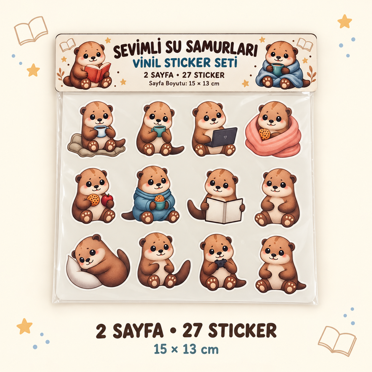 Kitap okuyan, kahve içen ve battaniyeye sarılan sevimli su samurlarından oluşan iki sayfalık 27’li vinil sticker seti.