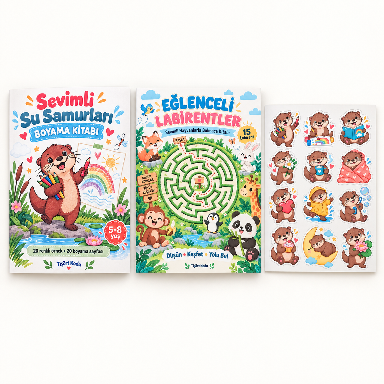 Sevimli Su Samurları Çocuk Etkinlik Seti | Boyama Kitabı, 15 Labirent ve 12 Sticker | 5–8 Yaş
