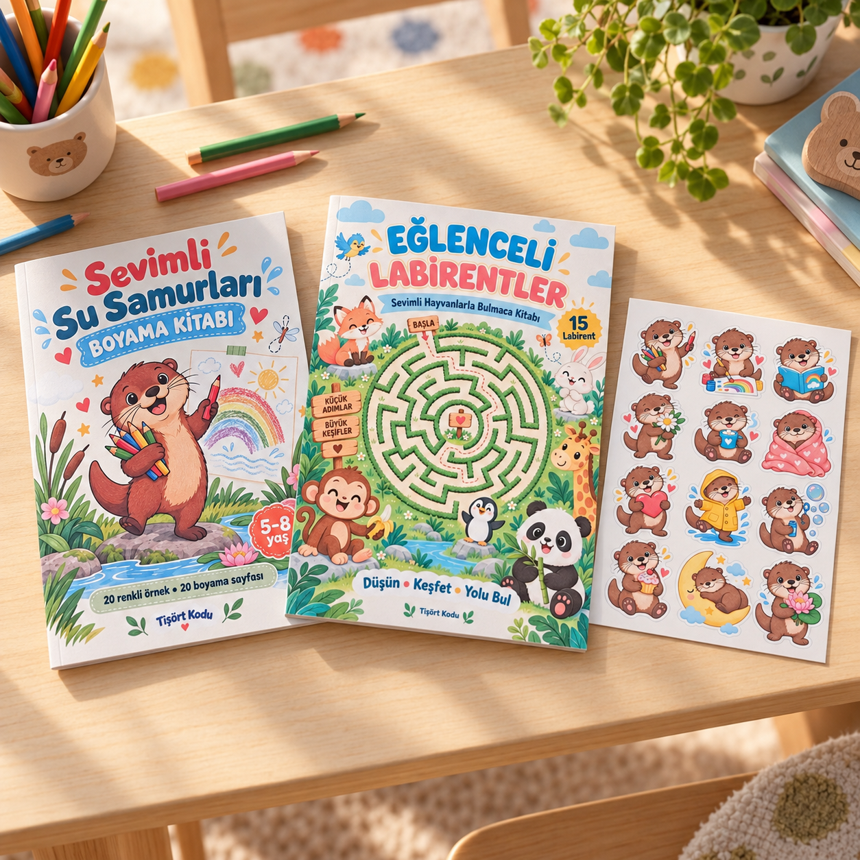 Sevimli Su Samurları boyama kitabı, Eğlenceli Labirentler kitabı ve 12 su samuru stickerından oluşan çocuk etkinlik seti
