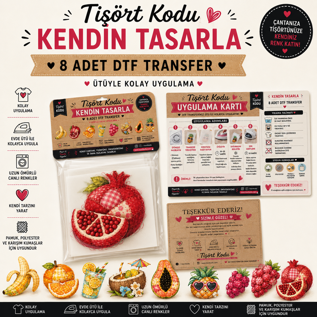 Tişört Kodu – Kendin Tasarla DTF Transfer Seti (8 Adet)