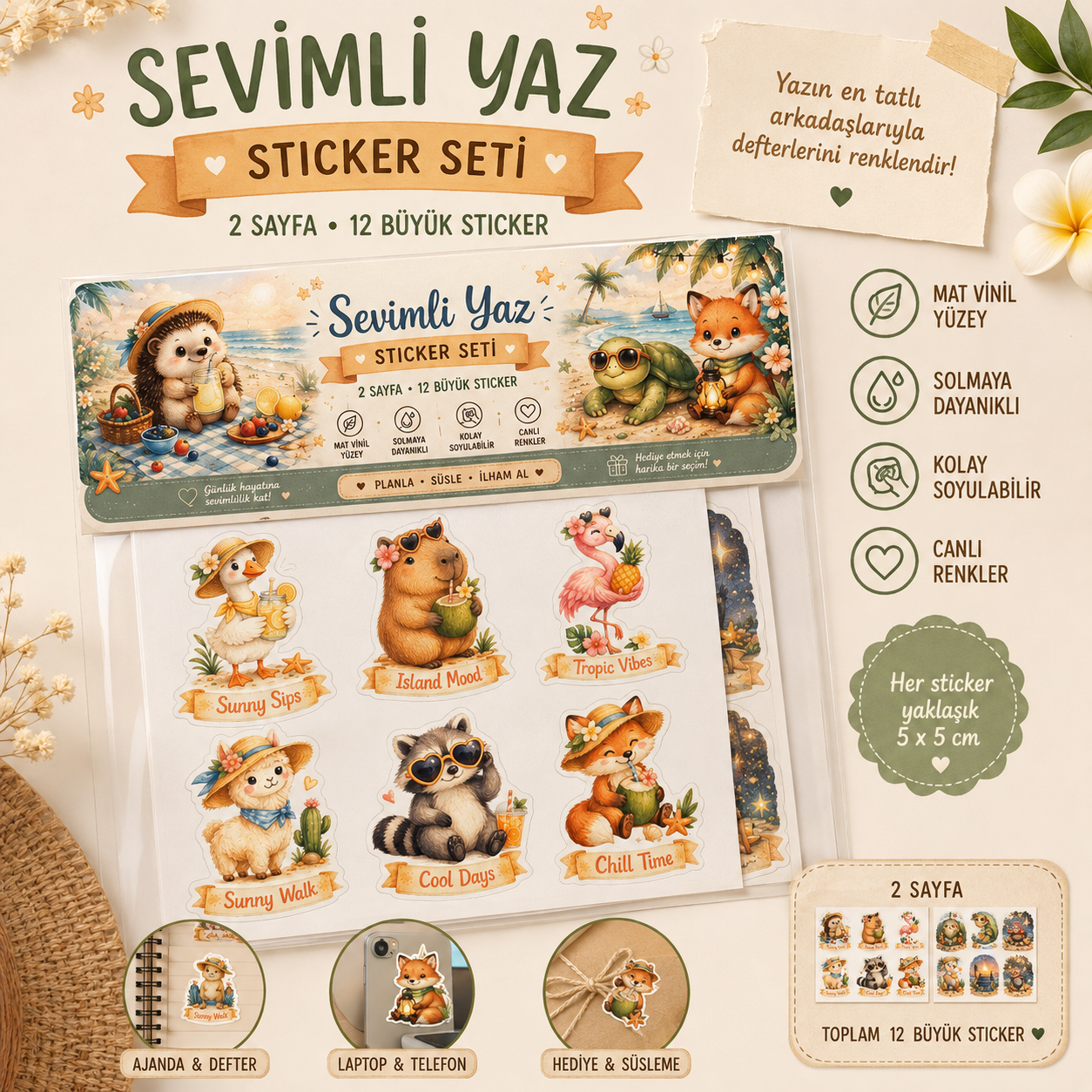 Yaz Temalı Sevimli Hayvan Sticker Seti – 2 Sayfa | Mat Vinil | 12 Büyük Sticker