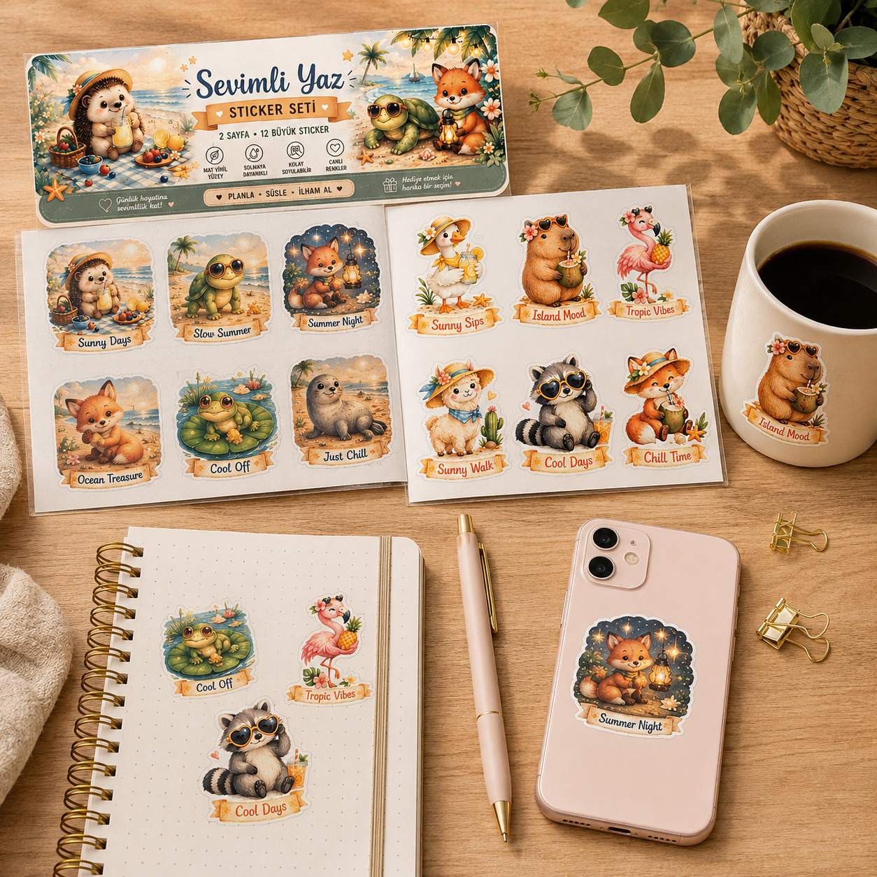Yaz Temalı Sevimli Hayvan Sticker Seti – 2 Sayfa | Mat Vinil | 12 Büyük Sticker