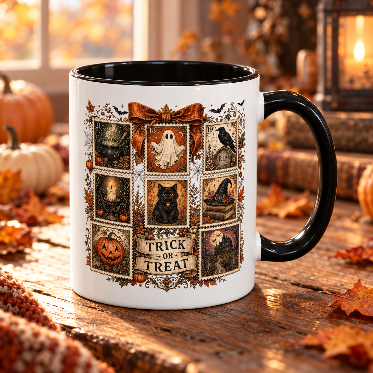 Vintage Halloween “Trick or Treat” Porselen Kupa – Siyah Kulplu, 11 oz