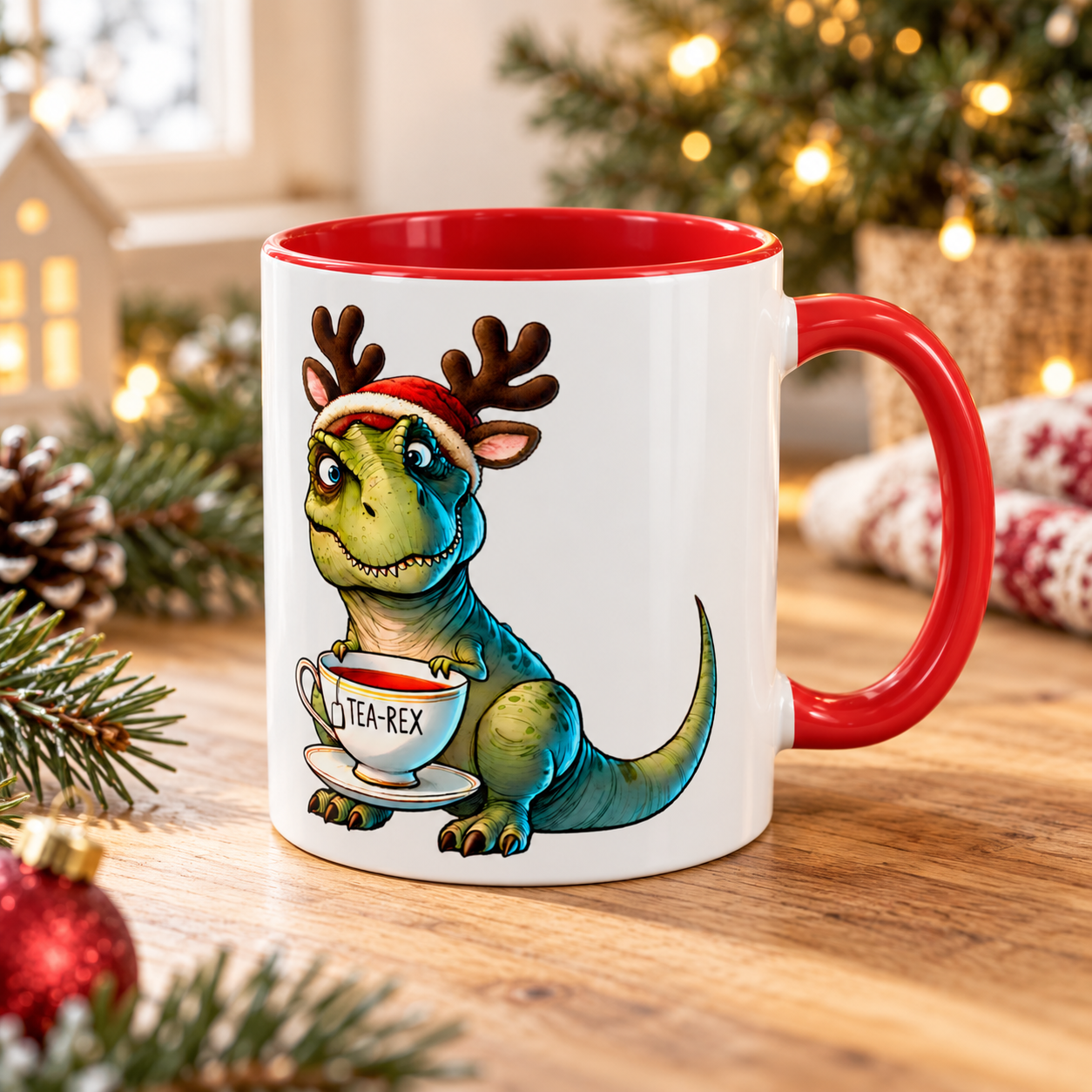Tea-Rex Yılbaşı Tasarımlı Porselen Kupa – Kırmızı Kulplu, 11 oz
