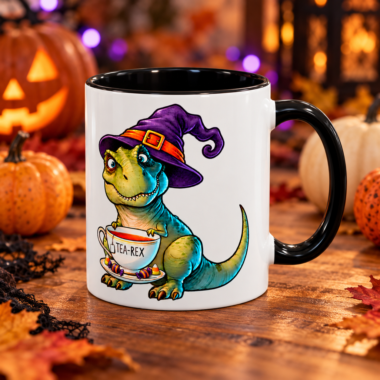 Cadı Şapkalı Tea-Rex Halloween Porselen Kupa – Siyah Kulplu, 11 oz