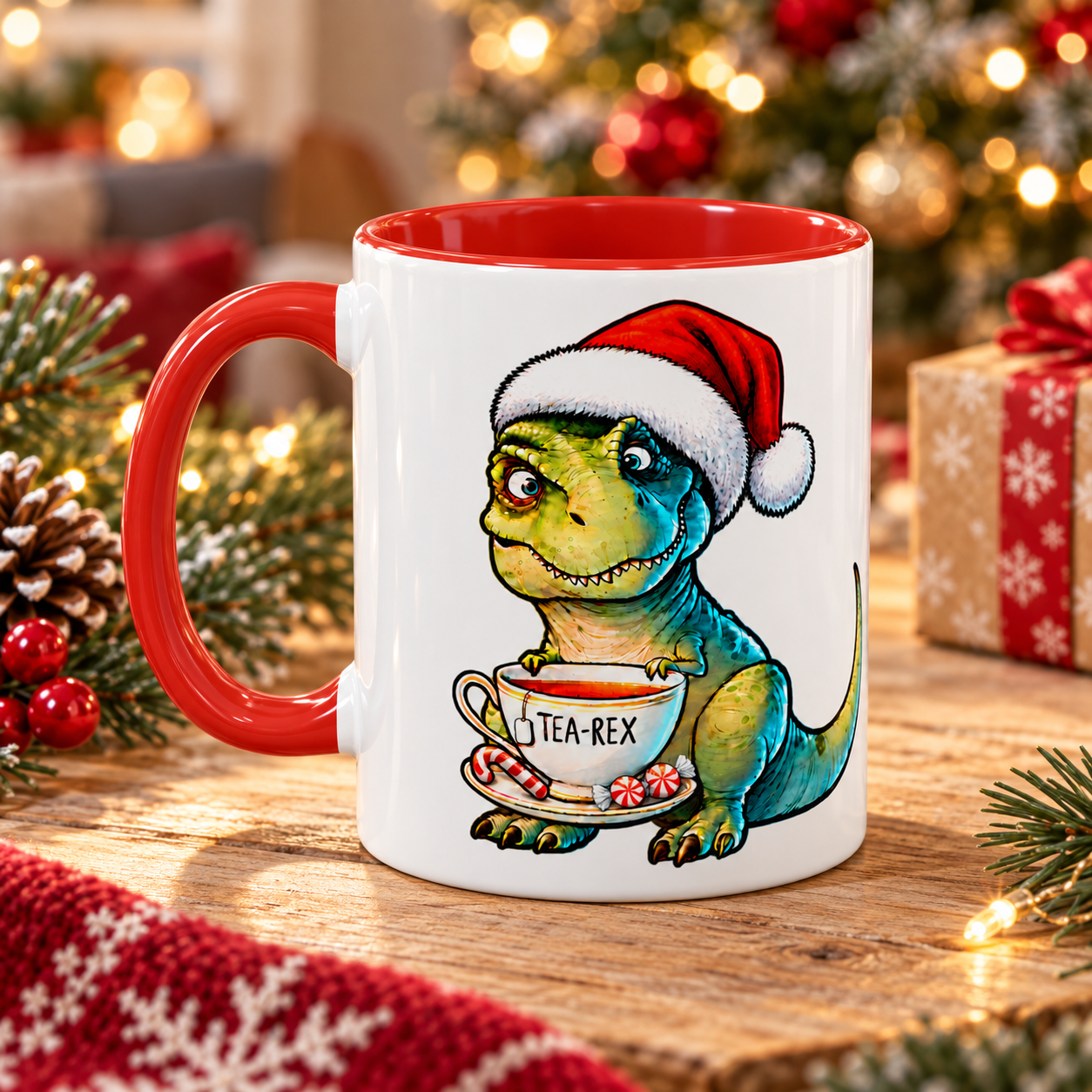 Noel Şapkalı Tea-Rex Porselen Kupa – Kırmızı Kulplu, 11 oz