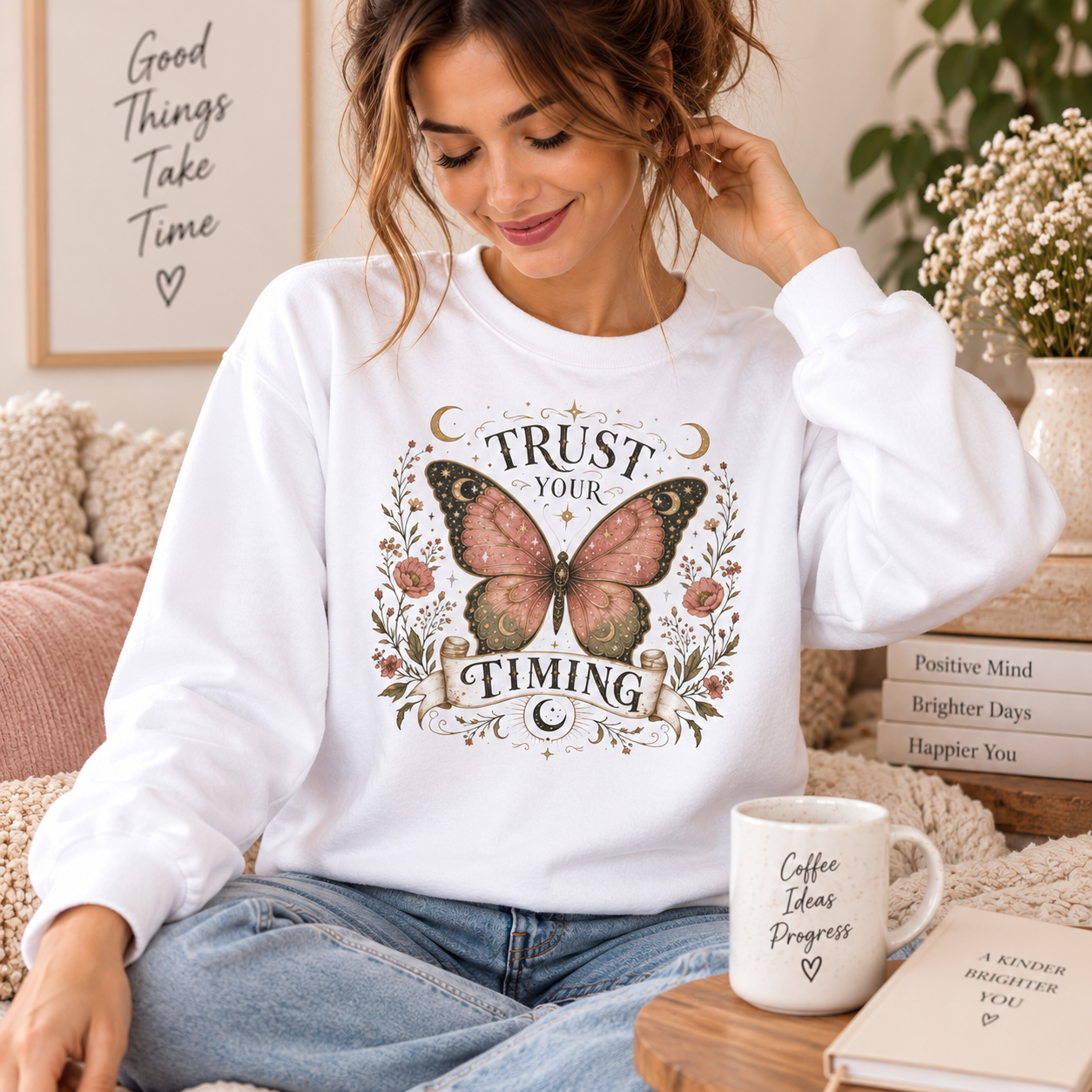 %65 pamuk %35 polyester Trust Your Timing kelebek baskılı kadın sweatshirt
