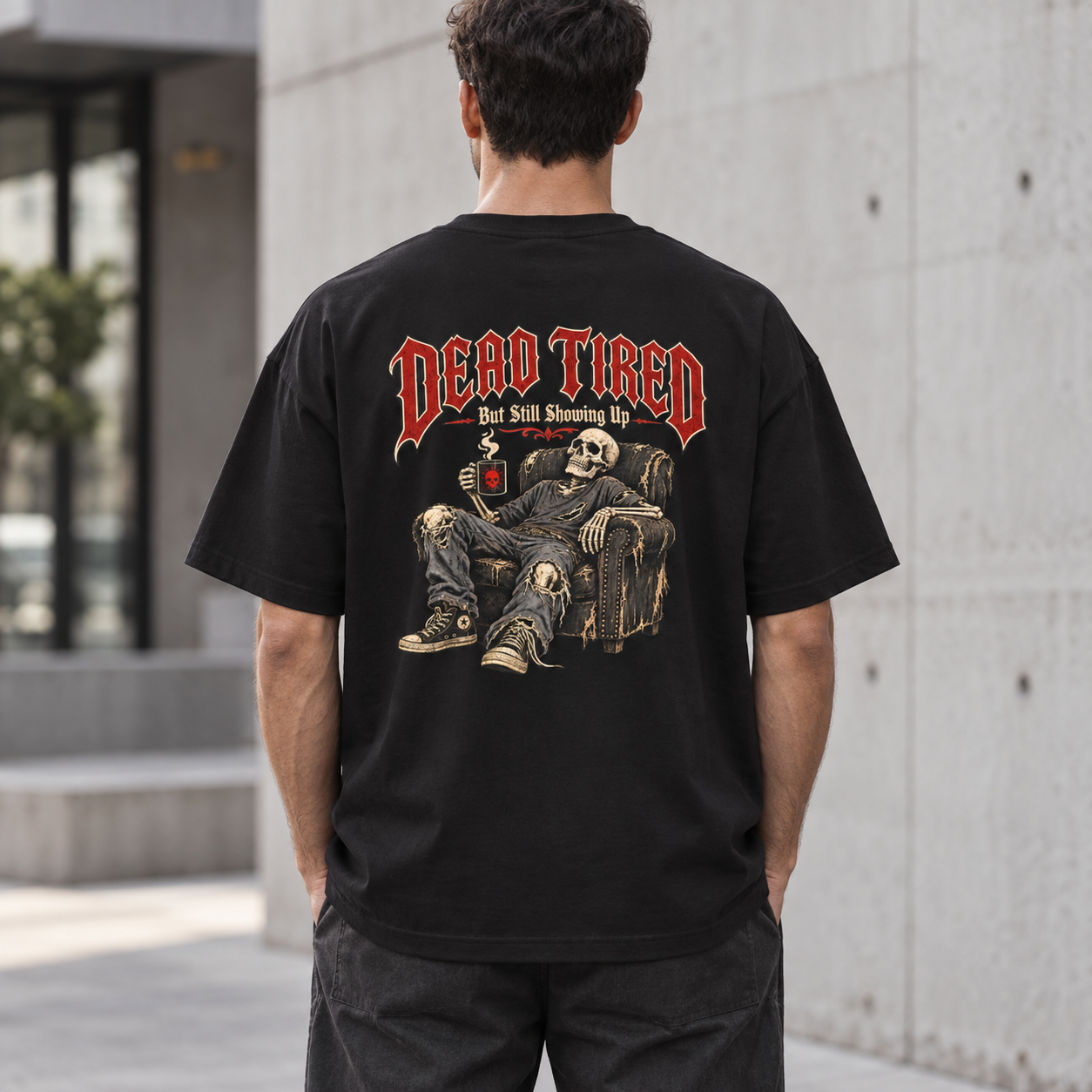 Dead Tired Sırt Baskılı Siyah Oversize Erkek Tişört – Gotik İskelet Tasarımı