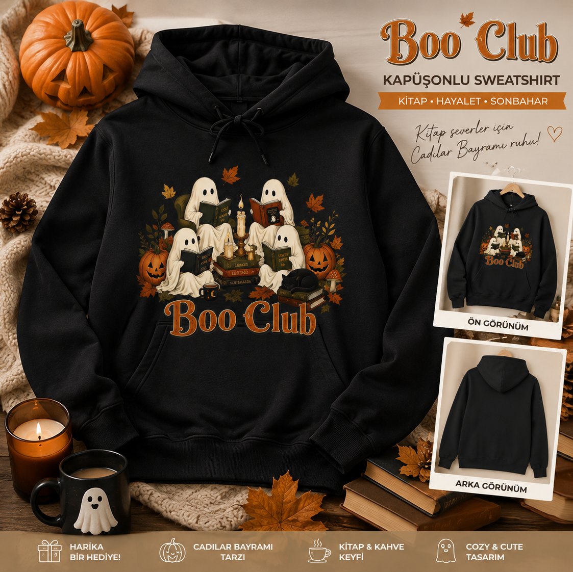 Kitap Severler İçin Halloween Temalı Unisex Hoodie