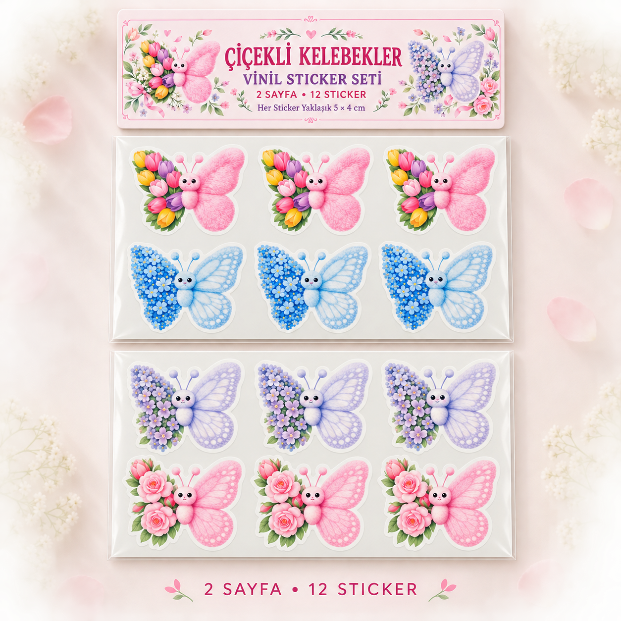 Çiçekli Kelebekler Vinil Sticker Seti – 2 Sayfa 12’li Dekoratif Sticker