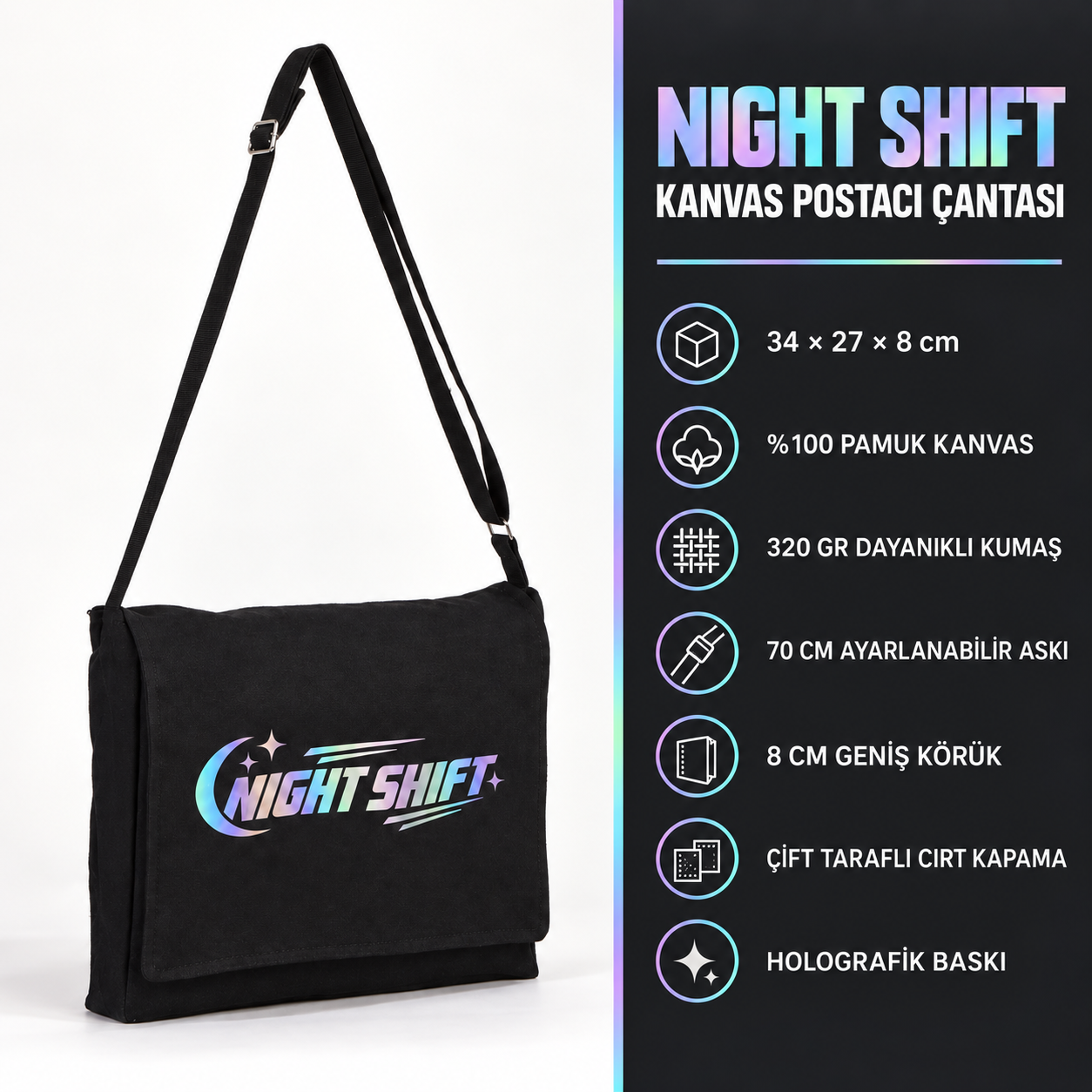 Işığa göre renk değiştiren Night Shift baskısının yakından görünümü