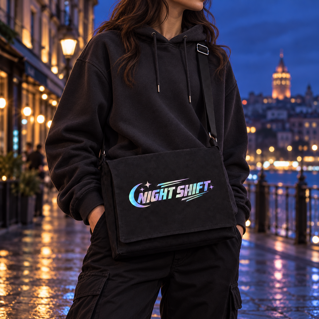Night Shift Holografik Baskılı Siyah Postacı Çantası