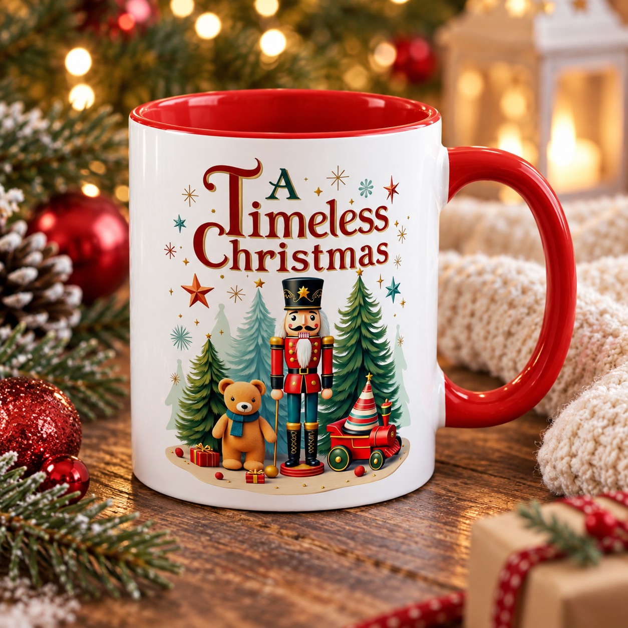 A Timeless Christmas Fındıkkıran Desenli Porselen Kupa | Kırmızı Kulplu 325 ml