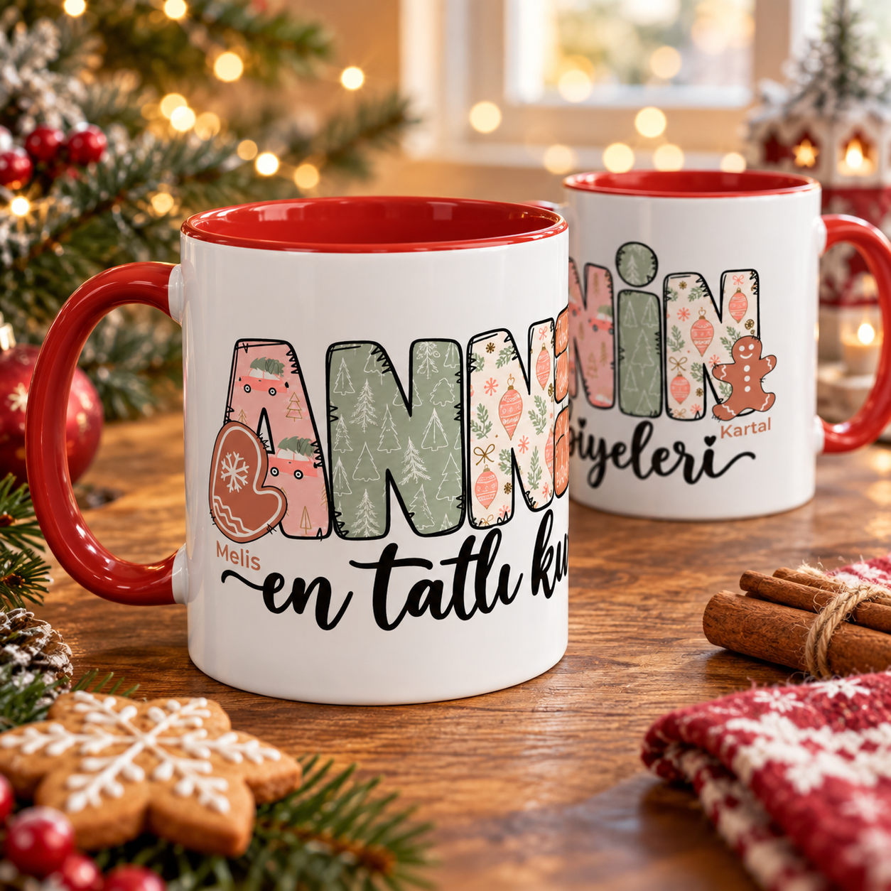 Kişiye Özel “Annenin En Tatlı Kurabiyeleri” Porselen Kupa – Çocuk İsimli Yılbaşı Hediyesi, Kırmızı, 11 oz