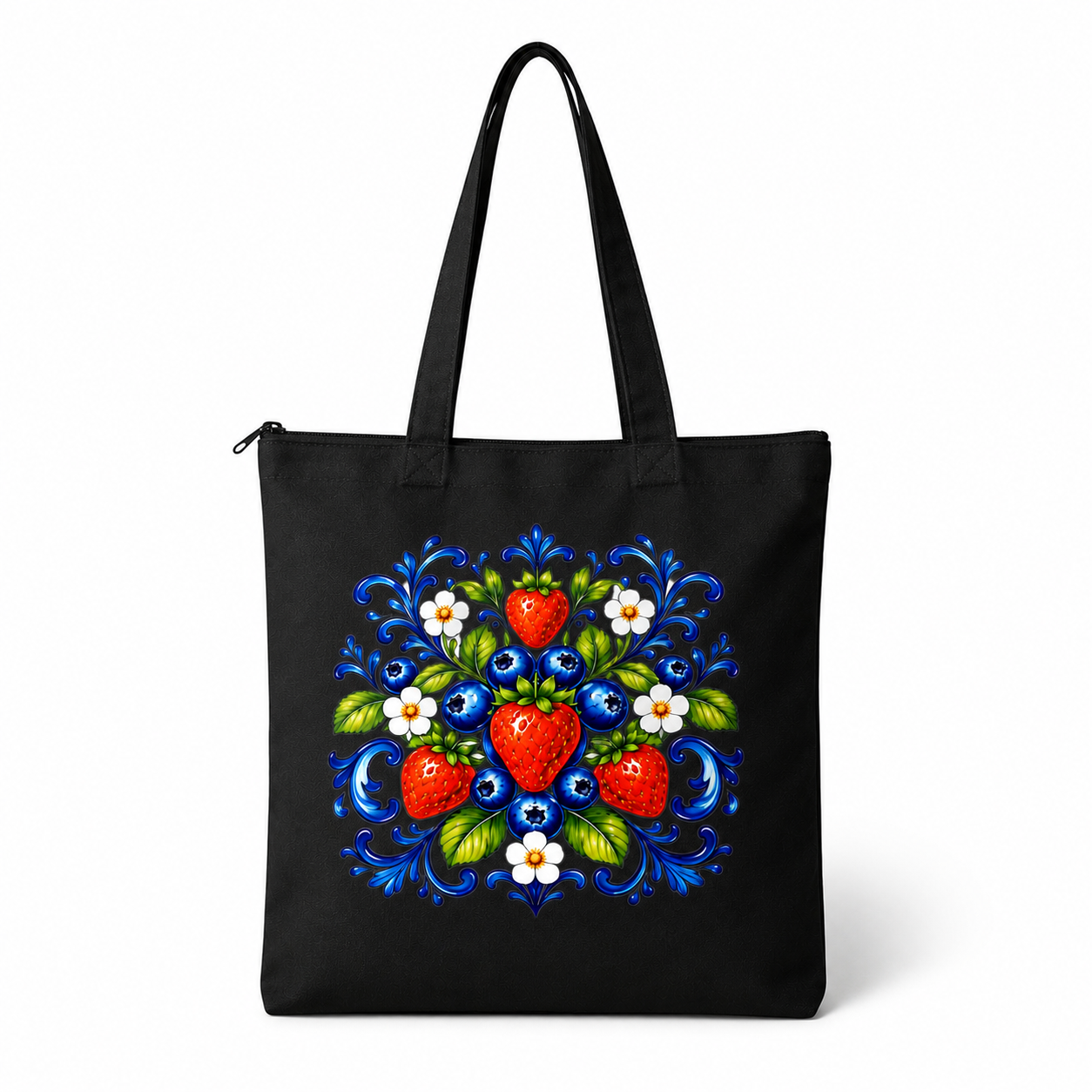 Fermuarlı Siyah Gabardin Tote Çanta – Çilek & Yaban Mersini Desenli