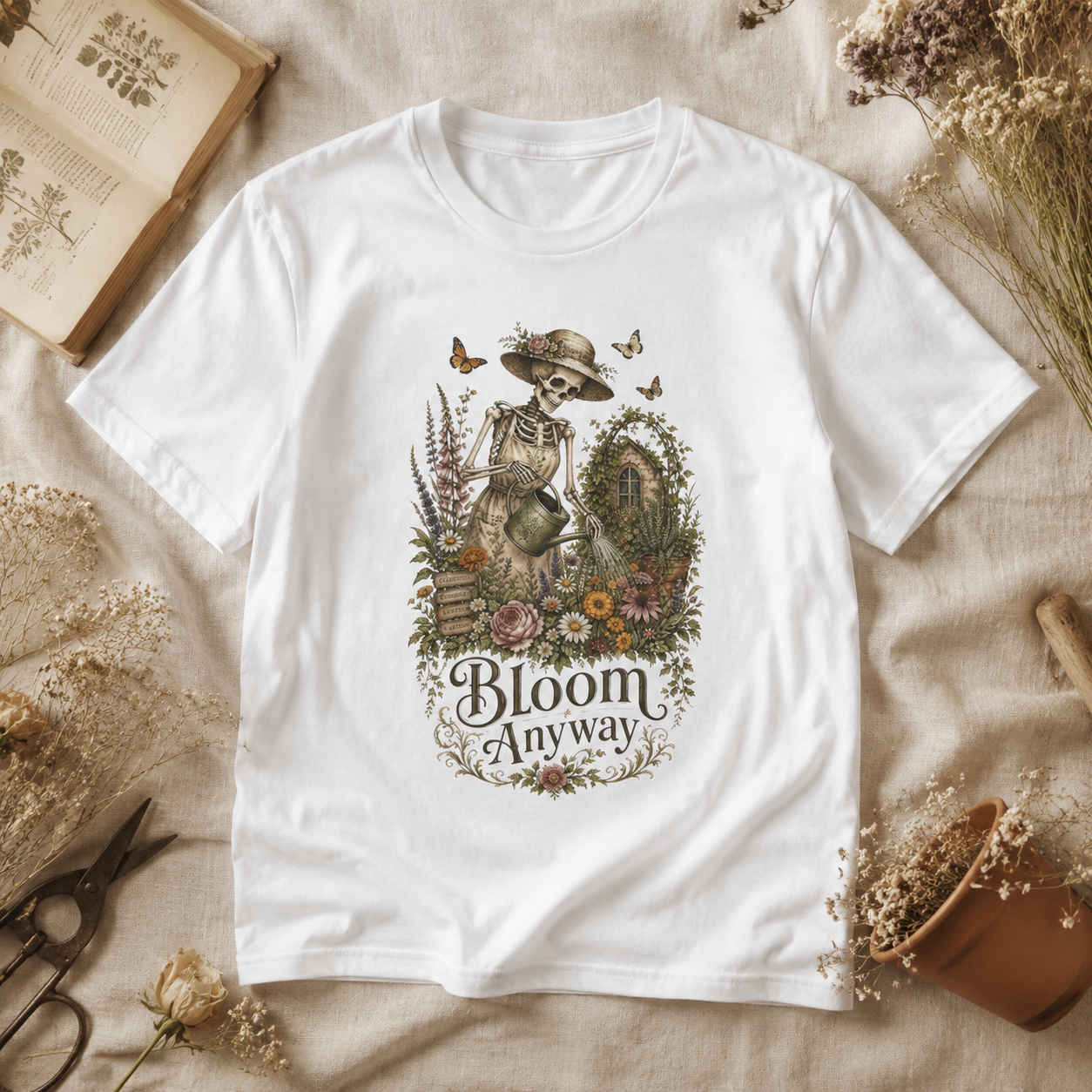 Bloom Anyway Çiçekli İskelet Baskılı Kadın Straight Fit Beyaz Tişört