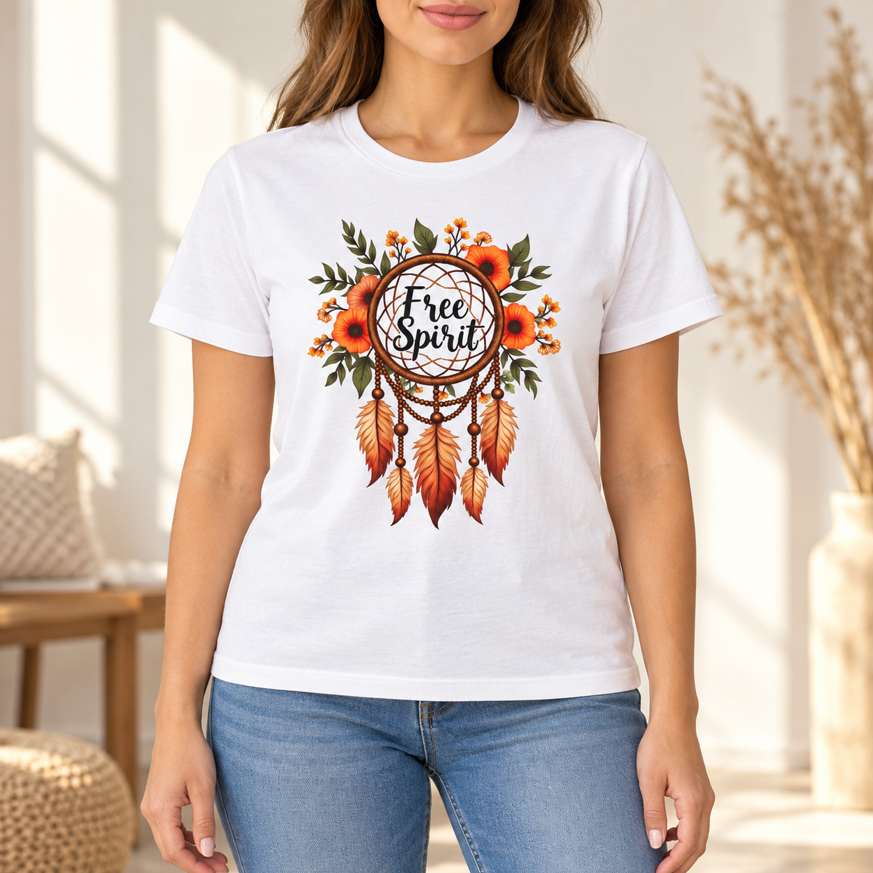 Free Spirit Düş Kapanı Baskılı Straight Fit Kadın Tişört – Beyaz