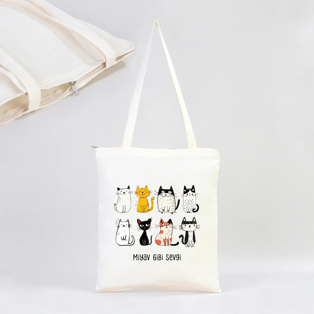Miyav Gibi Sevgi – Kedili Fermuarlı Bez Çanta