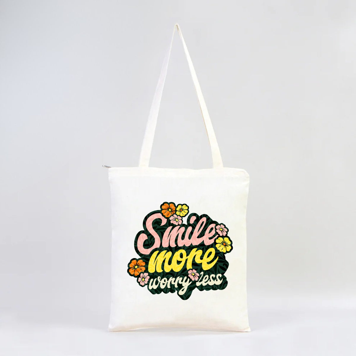 Smile More, Worry Less – Pozitif Enerji Fermuarlı Bez Çanta