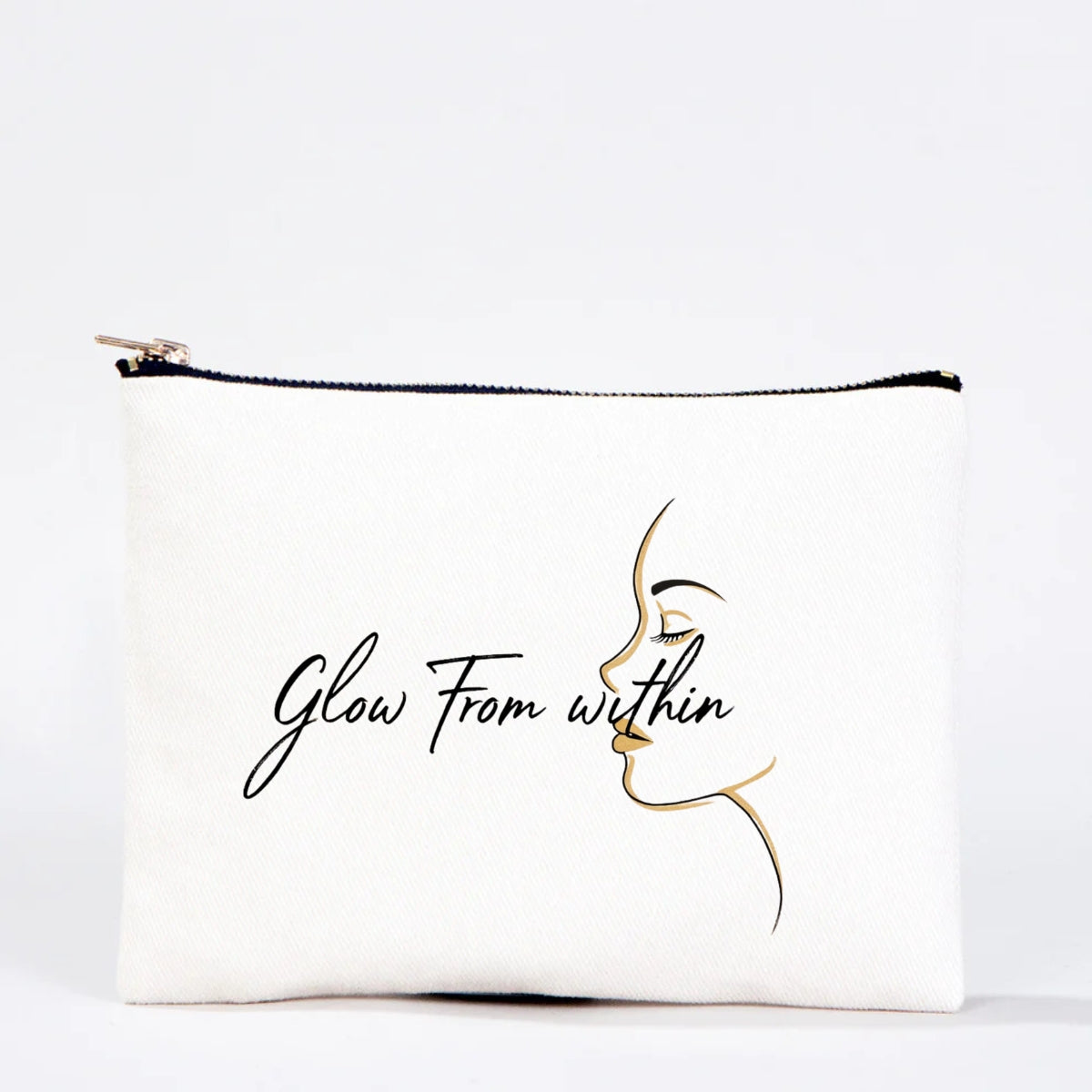 Glow From Within Kozmetik Çantası – Minimal & Altın Çizgi Portre Tasarımı