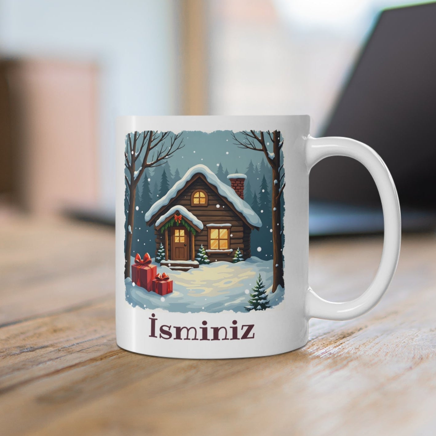 Kişiye Özel Yılbaşı Kütük Ev Tasarımlı Porselen Kupa