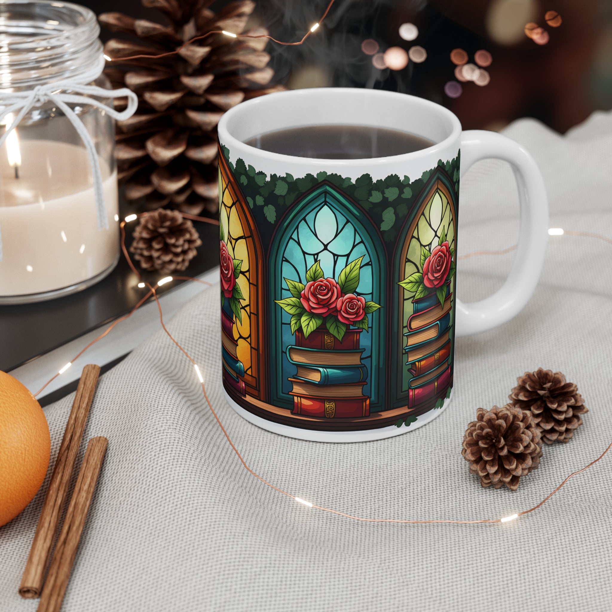 Stained Glass Kitap & Gül Desenli Porselen Kupa – Book Lover Kahve Kupası