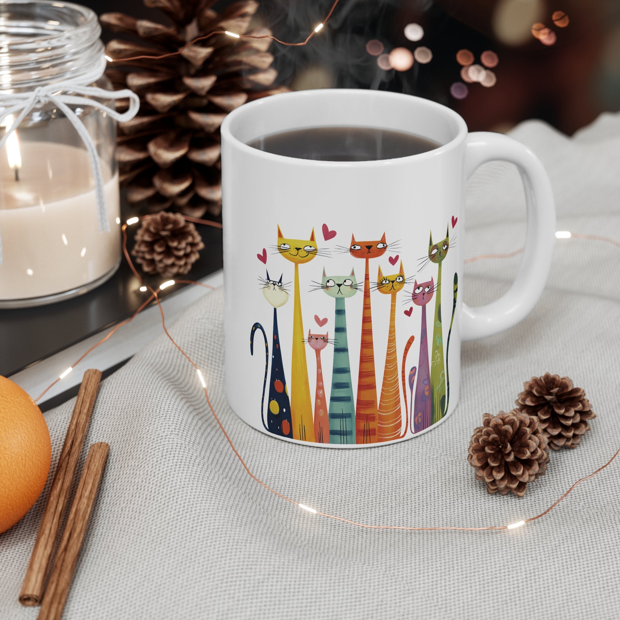 Renkli Uzun Kediler Kupa – Sevimli Kedi İllüstrasyonlu Porselen Kahve Kupası