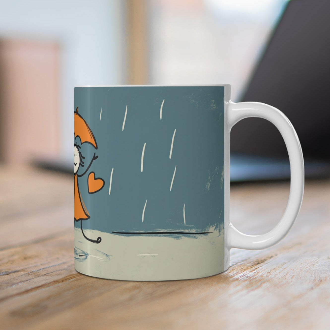 Şemsiyeli Çocuklar Desenli Kupa – Yağmurda Mutluluk Temalı Porselen Kupa