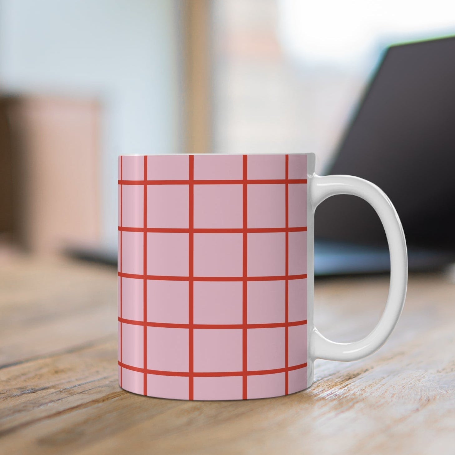 Pembe Kırmızı Kare Desenli Seramik Kupa